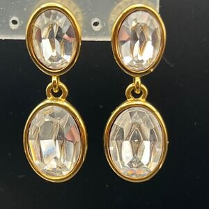 Vintage HTF‎ Napier Crystal Rhinestone Drop Dangle Pierced Gold Tone Earrings
